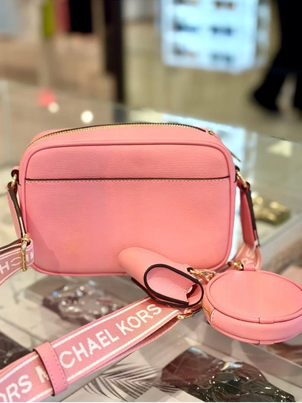 Michael Kors Pink Leather Crossbody Bag with Coin Case and Snap Pouch Carnation